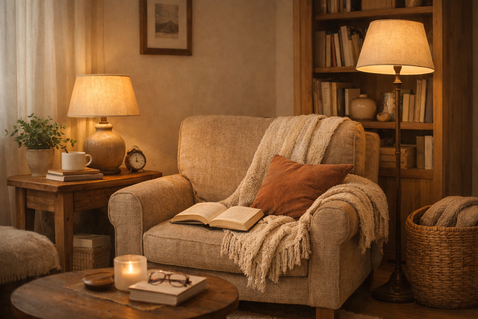 Soft natural lighting in a cozy home interior with warm tones, comfortable reading corner with ambient lamps, peaceful atmosphere without harsh shadows or bright spots