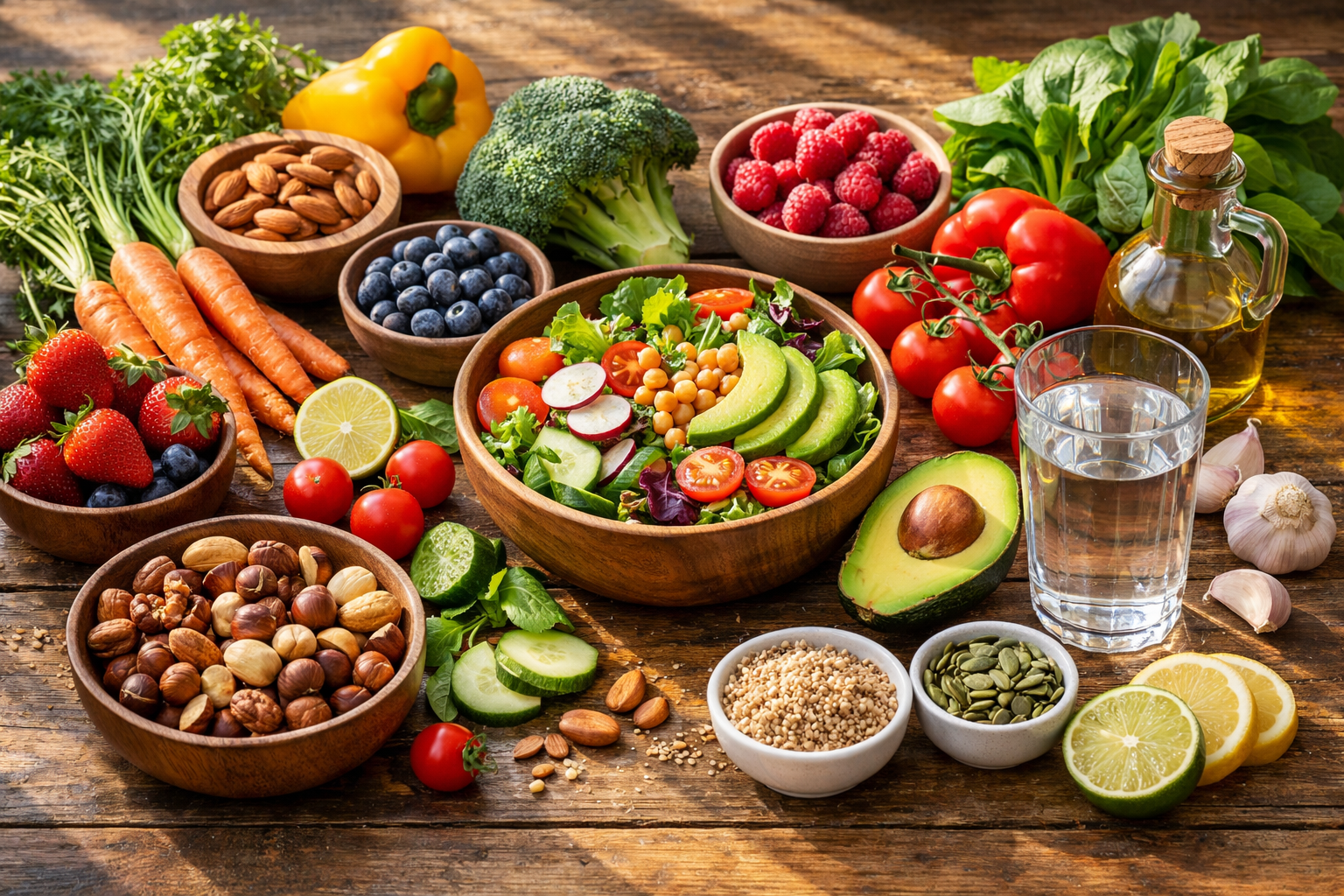 Fresh healthy food on a wooden table, colorful vegetables, berries, nuts, and a glass of water, natural daylight, vibrant and nourishing composition
